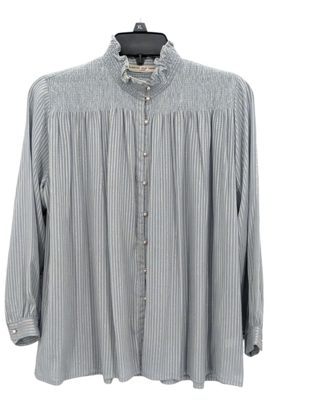 Vtg Ruffle Neck Top Shimmer Stripe Pearl Button Victorian Romantic Office Japan